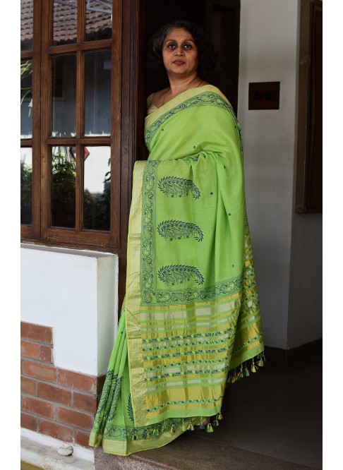Parrot Green, Handwoven Organic Cotton, Textured Weave , Hand Embroidery, Occasion Wear, Jari, Chikankari Saree